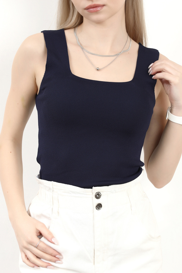 Kadın Kare Yaka Kalın Askılı Basic Triko Bluz Lacivert - 2000 - 4