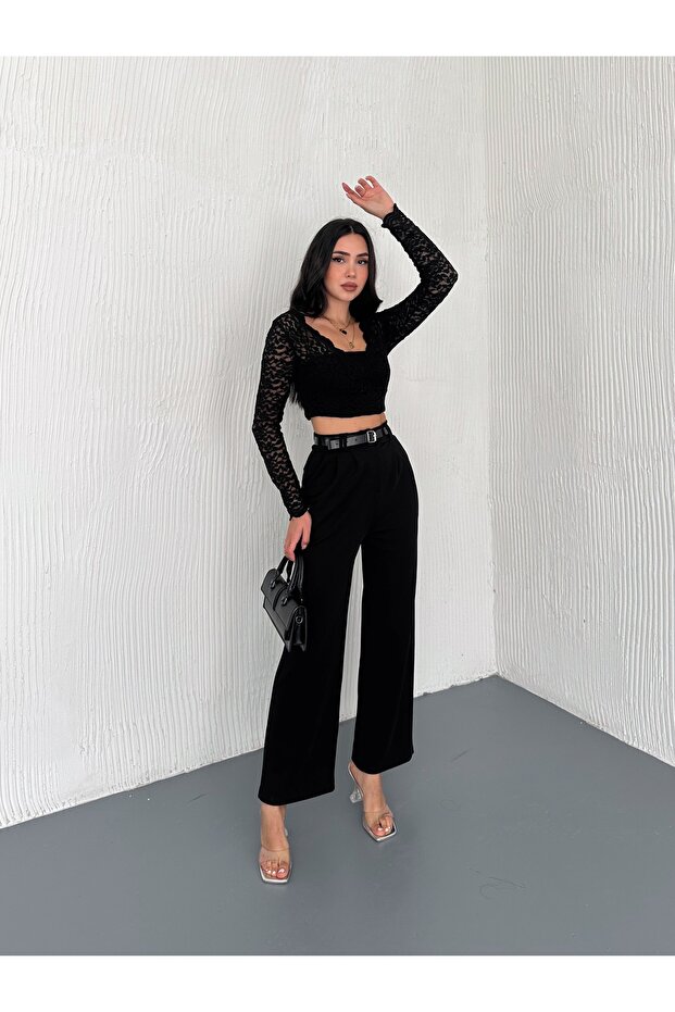 Belted and Front Pleated Trousers / Women's Twist Fabric Trousers Loose Cut