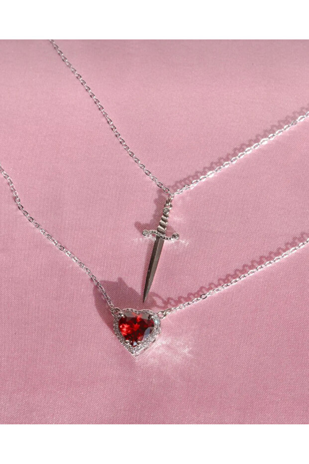 Çelik Zincirli Kalp Kılıç Kolye Çift Arkadaş Sevgili Kolyesi - 4