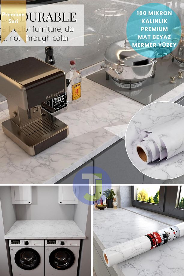 Kendinden yapışkanlı Mat Mermer Desen Folyo Mutfak Banyo Tezgah Duvar Kaplama 60cmX500cm - 4