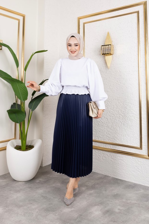 Women's Hijab Clothing Leather Look Elastic Waist Pleated Long Skirt