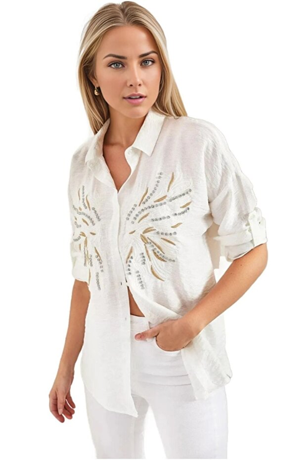 Women's Off-White Linen Ayrobin Stone Embroidered Oversize Buttoned Shirt