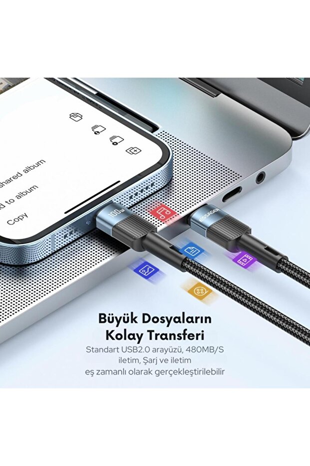 0.50cm Pd 100w Qc4.0 Süper Hızlı Type C To Type C Şarj Data Kablosu, Akım,ısı, Batarya Korum - 4