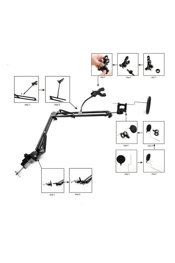 3in1 Hareketli Profesyonel Kayıt Mikrofon Standı + Pop Filtre + Telefon Tutucu - 7