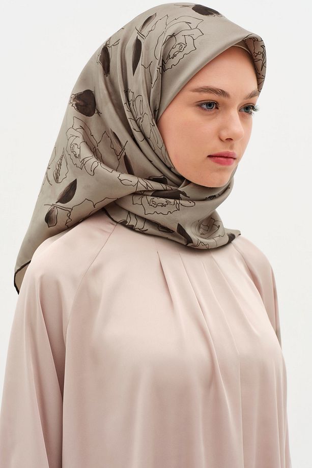 Yaprak Desenli Twill İpek Eşarp - Vizon - 3
