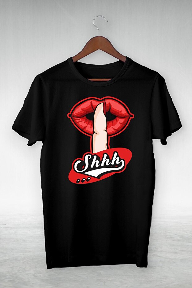 Unisex Black Shhh Illustration Drawing Vip Design Tshirt
