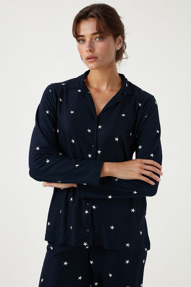 Streç Regular Fit Apaş Yaka Beli Lastikli Pijama Takımı Pijama Takımı 65720501 - 5