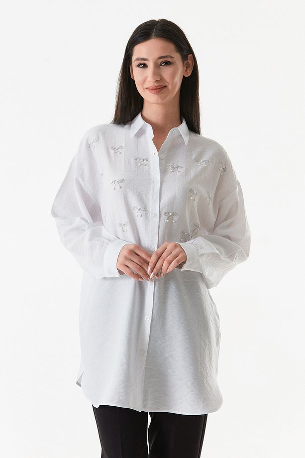 Fiyonk Taş İşlemeli Gofreli Oversize Gömlek - 5