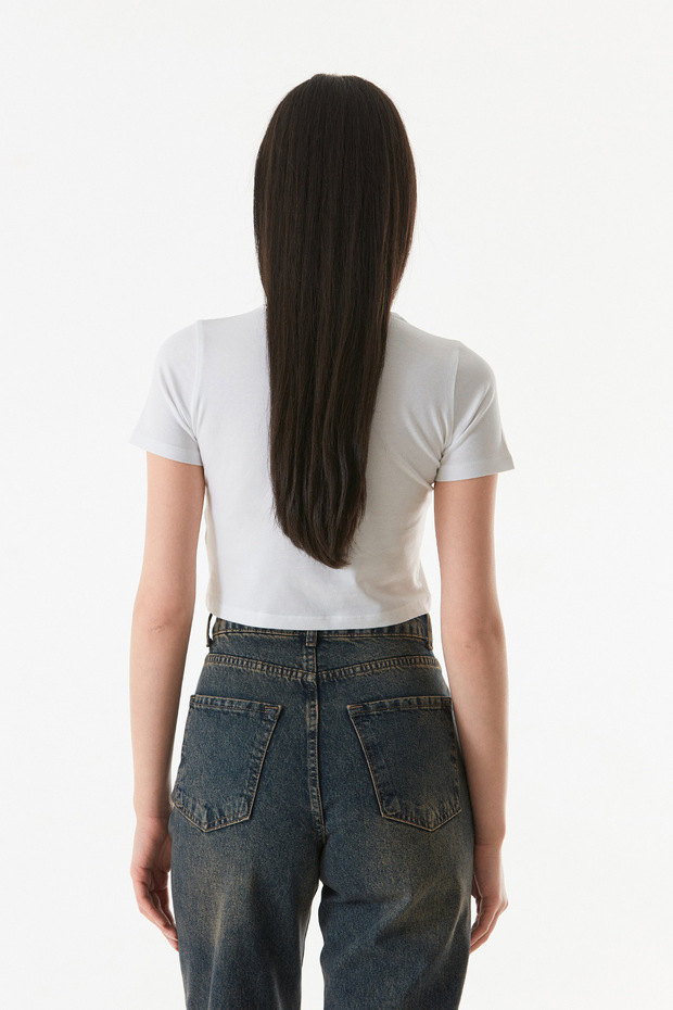 Basic Bisiklet Yaka Crop Tişört - 5