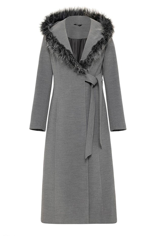 Side Tied Snap Closure Hooded Fur Coat Gray 3697