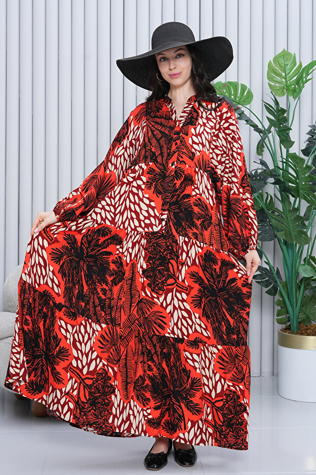 Women's Red Button Detailed Placket Collar Print Loose Balloon Sleeve Long Dress