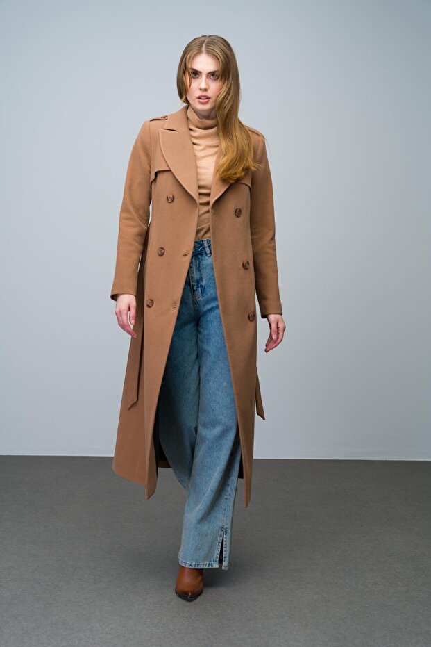 Double-Breasted Long Coat with Cape and Epaulet Detail Taba 3013
