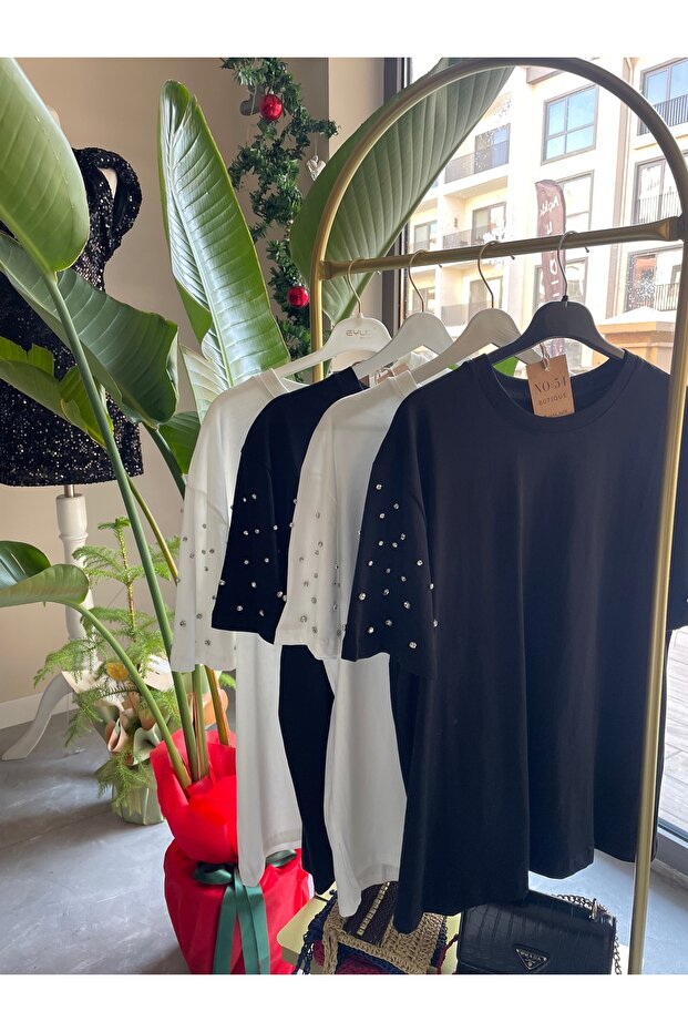 Taşlı basic tişört beyaz - 4