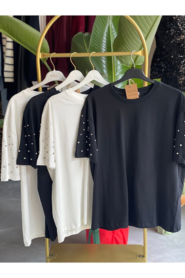 Taşlı basic tişört beyaz - 2