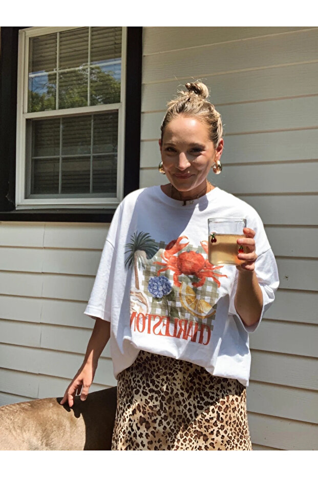 Women's White Self Patterned Crew Neck Oversize Cut T-Shirt