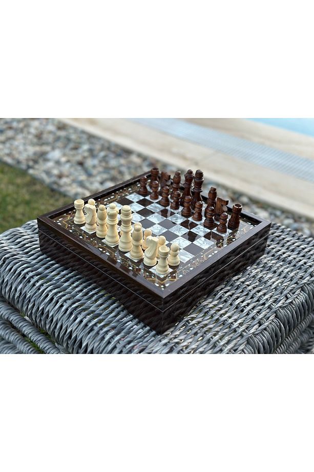 Şık ve Klasik Sedef İşlemeli Kapaklı Satranç Takımı - 30x30 cm - 1