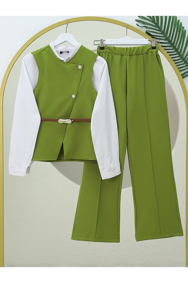 F.Green Wide-Leg Pants and Vest Set with Belt