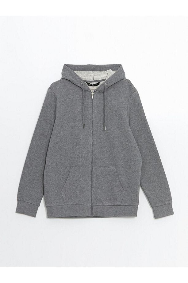 LCWAIKIKI Basic Gri Kapüşonlu Uzun Kollu Erkek Fermuarlı Sweatshirt - 1