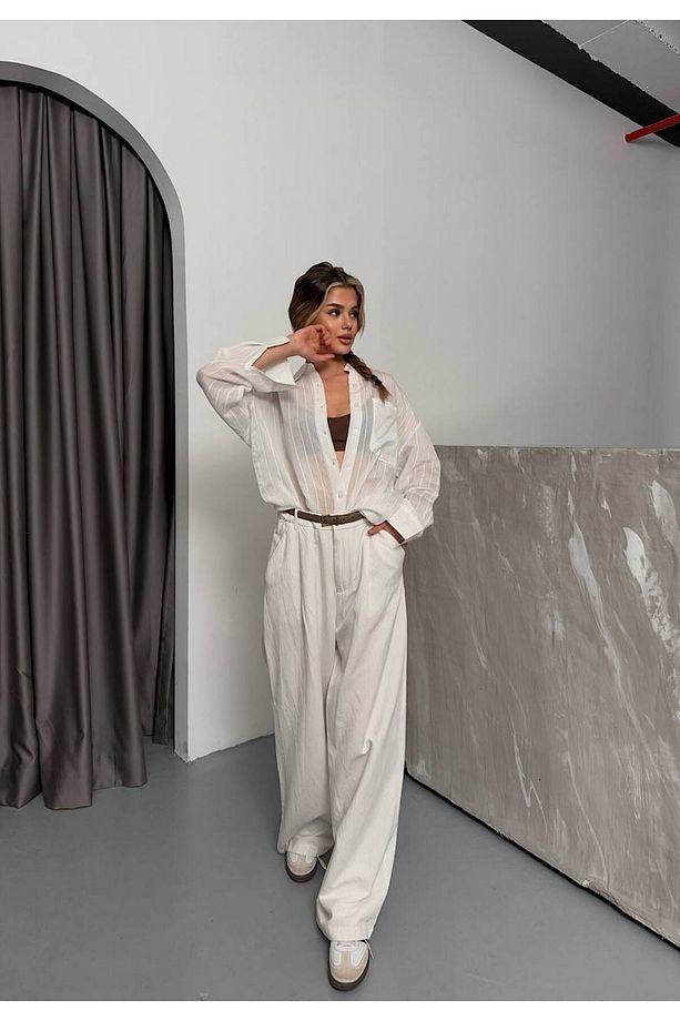 Transparan Oversize Çizgi Detaylı Yazlık Gömlek - 6