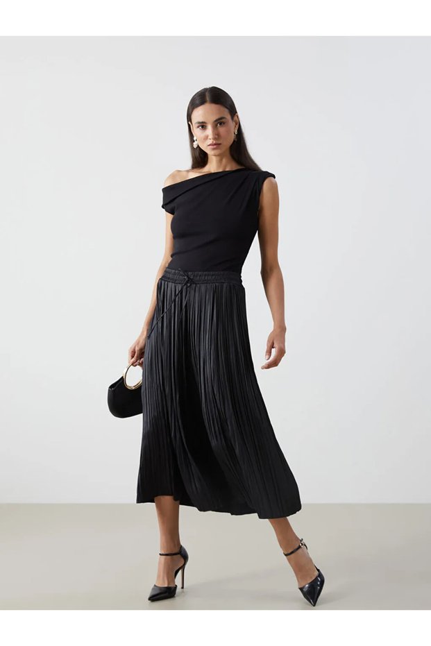 Lcwaikiki Classic Black Elastic Waist Satin Women's Pleated Skirt
