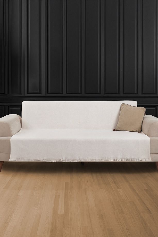 Saçaklı Koltuk Örtüsü | Koltuk Şalı 180x210 Pamuk Ekru - 2