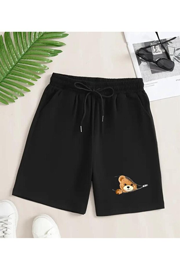 Unisex Zippered Teddy Bear Printed Bermuda Pocketed Corded Comfortable Fit Black Shorts