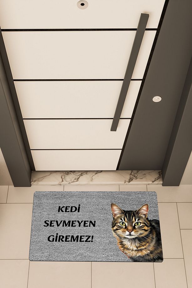 Yüksek Kaliteli Dijital Baskı Gri, Kedi Sevmeyen Giremez3 temalı Kapı Önü Paspası - 1