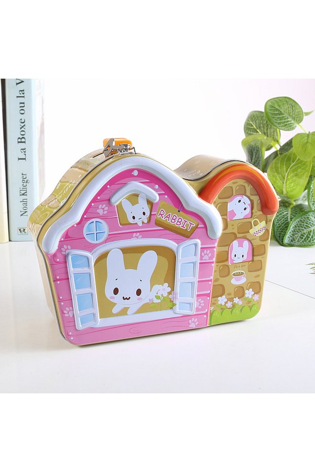 Metal Piggy Bank with Bunny Bag and Lock, Colorful, 18X14