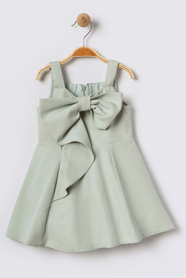 Big Bow Detail Thick Straps Flared Cutout Sleeveless Green Girl's Dress 15701