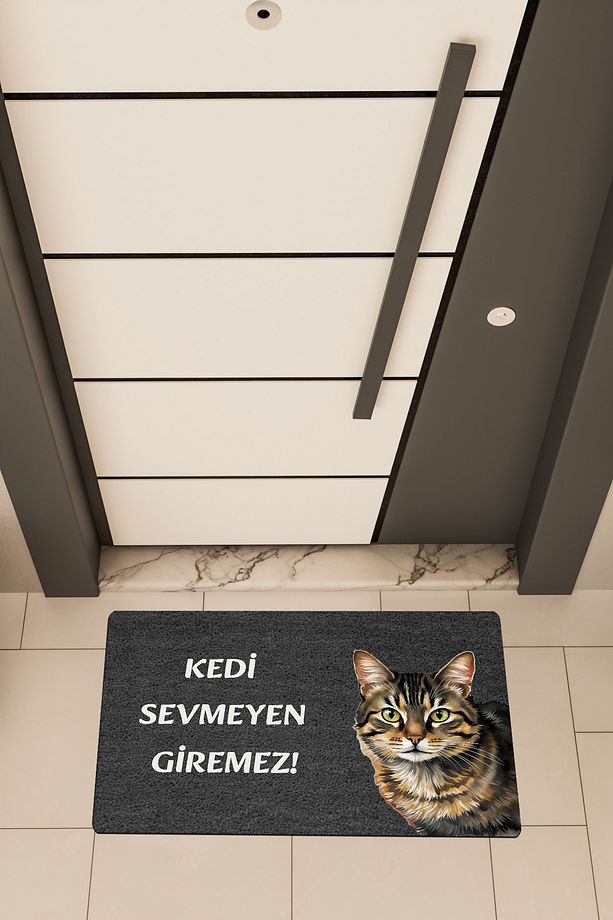 Yüksek Kaliteli Dijital Baskı Siyah, Kedi Sevmeyen Giremez3 temalı Kapı Önü Paspası - 1