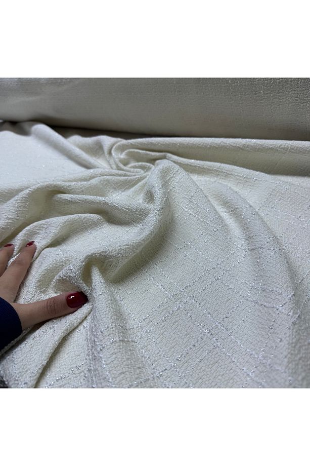 Tüvit Desenli Şanel Kumaş Kareli %100 Pamuk Dokuma Ekru Renk & Simli En 150 cm - 1