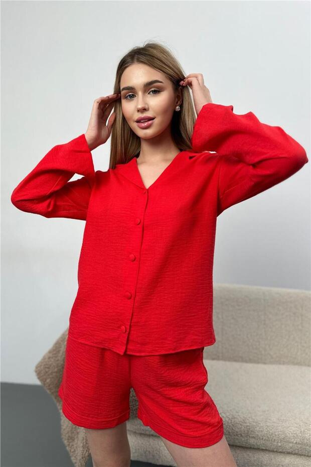 Effetto Lino Kırmızı Uzun Kol Şort Pijama Takımı - 1