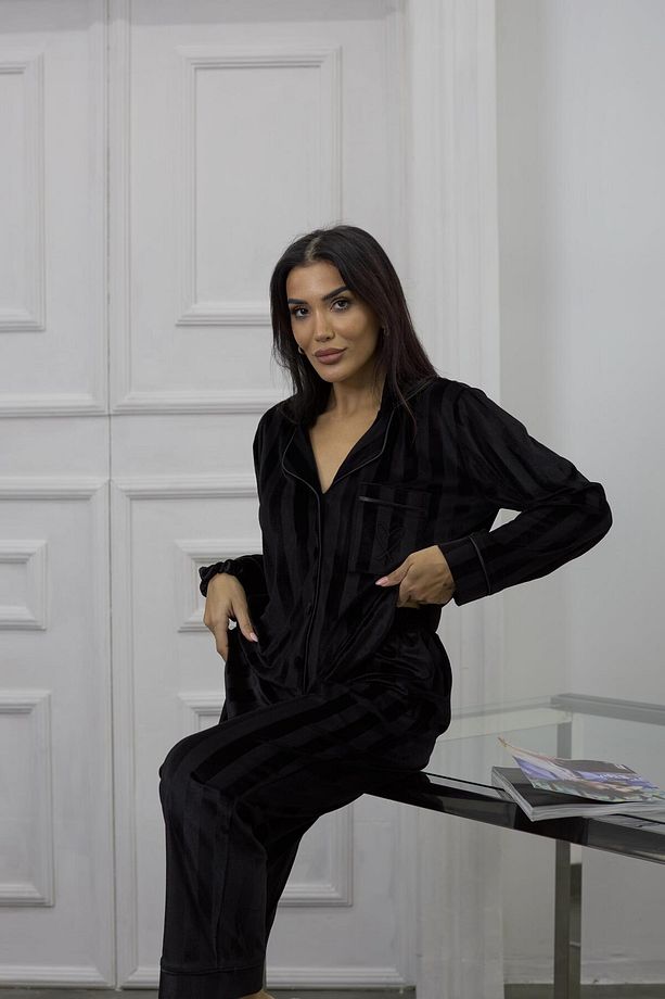 Tocco Scintillante Siyah Kadife Uzun Pijama Takımı - 5