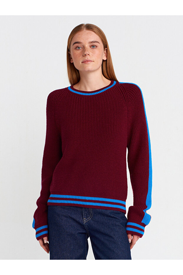 10720 Crew Neck Striped Thessaloniki Knitwear Sweater-Claret Red