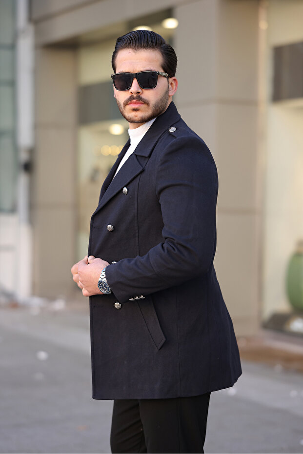 Men's New Season Button Detailed Slim Fit Double Breasted Lapel Navy Blue Stamp Coat