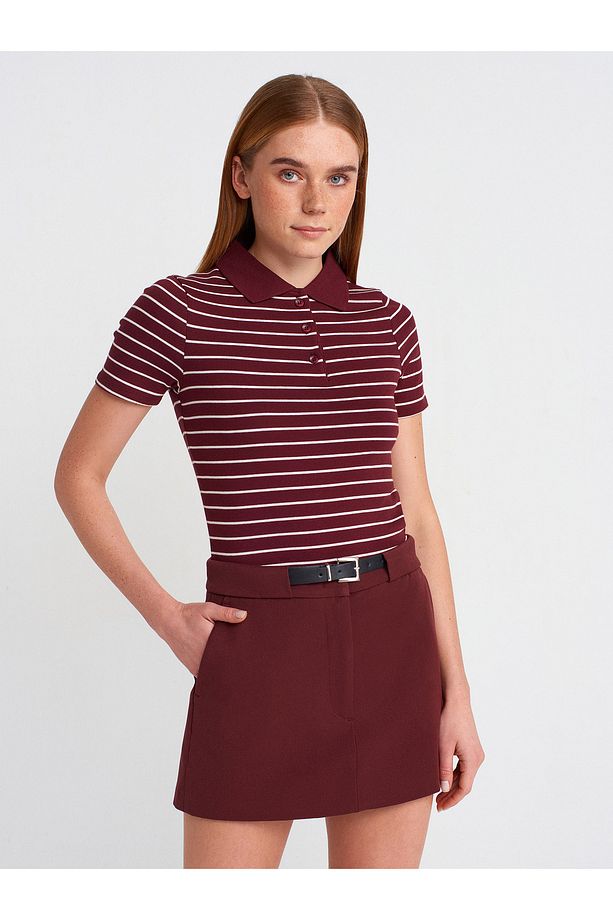 81056 Kemerli Şort Etek-Bordo - 3