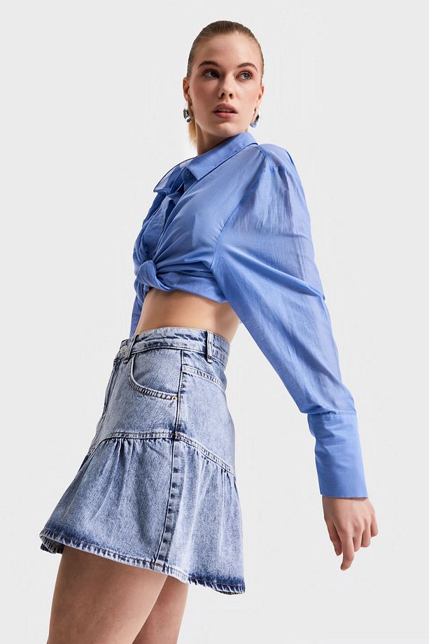 Kadın Snow Kot Rengi 3S5-4 Volanlı Süper Mini %100 Koton Denim Etek - 5