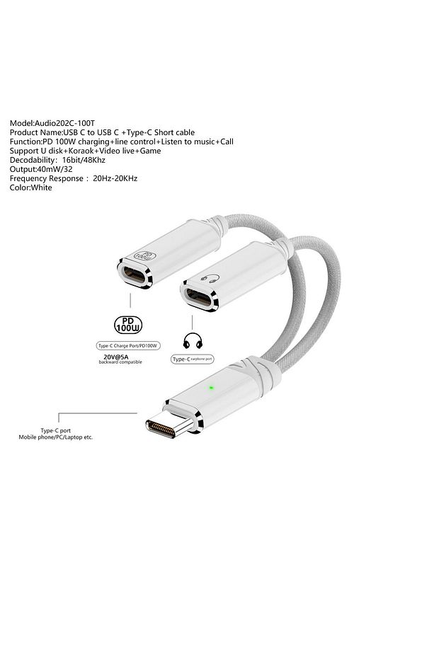 2in 1 100W Type C to Type C & Type C Hızlı Şarj Kulaklık Arama Dönüştürücü OTGTC - 5
