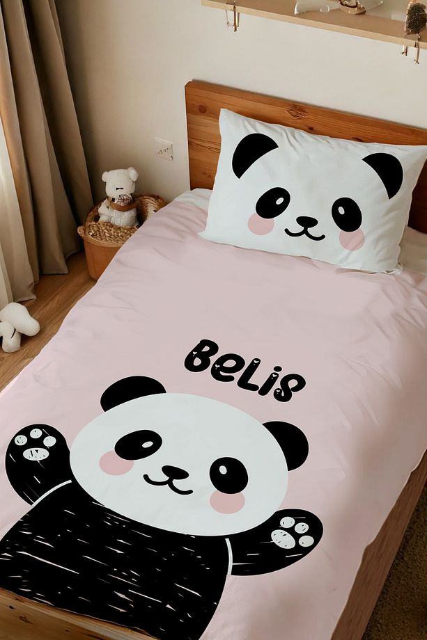 İsme Özel Baskılı %100 Pamuk Tek Kişilik Nevresim Takımı Panda - 1
