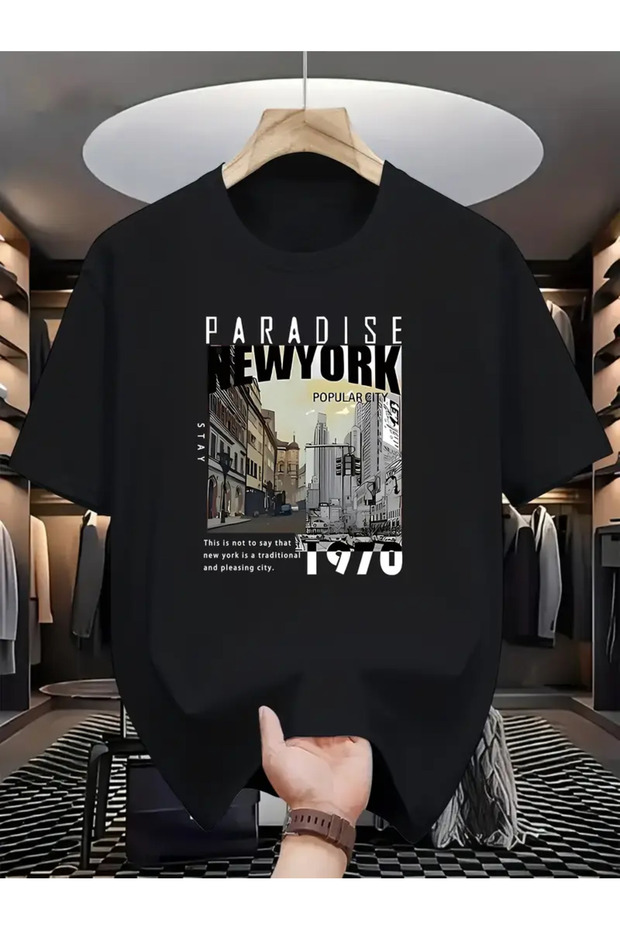 Paradise New York Illustrated Printed Unisex Oversize Crew Neck T-Shirt