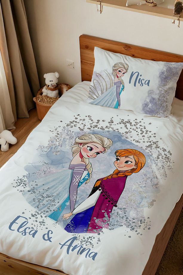 İsme Özel Baskılı %100 Pamuk Tek Kişilik Nevresim Takımı Elsa Anna - 1