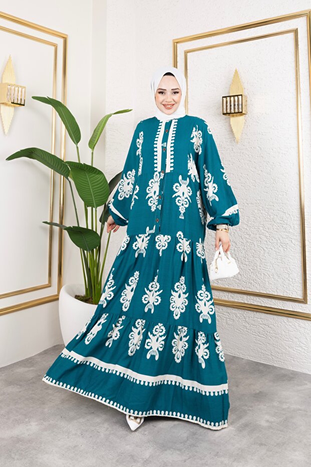 Women's Modest Clothing Button-Front Stand Collar and Plus Size Balloon Sleeve Woven Viscose Dress