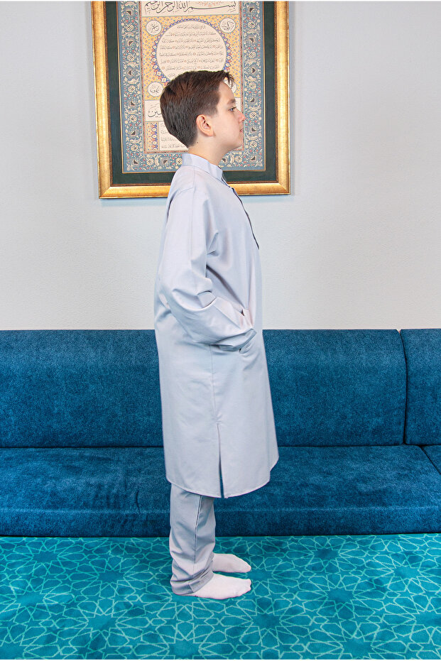 Boy's Gray Afghan Suit - Hajj Umrah Judge Collar, Bottom Top Double - 3