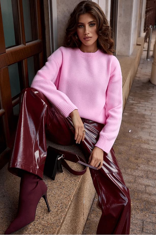 Pembe Bisiklet Yaka Oversize Triko Kazak - 1