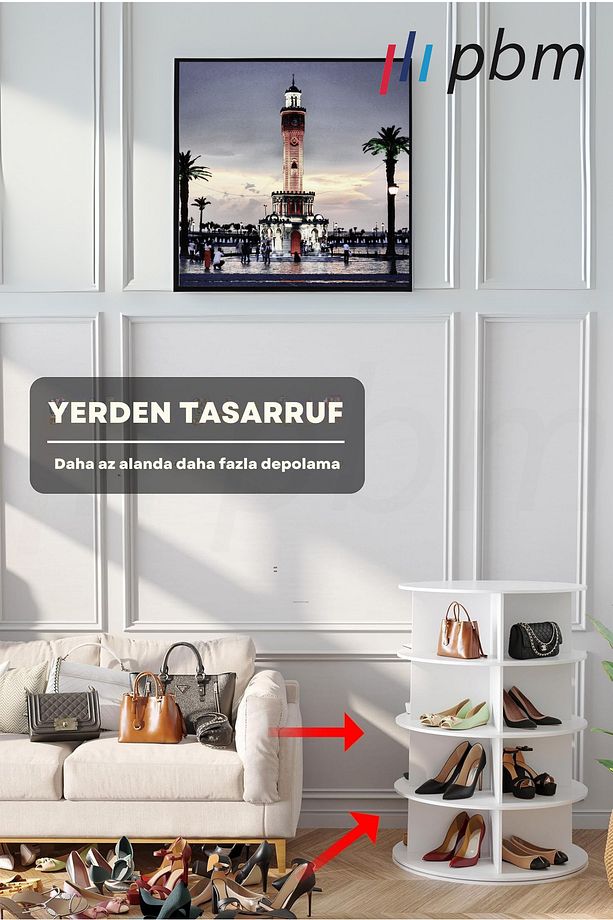 Mobilya 4 Katlı Dönen Ayakkabı Çanta Rafı Daire Dolap Kulesi, 360 Derece Dönen Dolap Düzenleme - 7