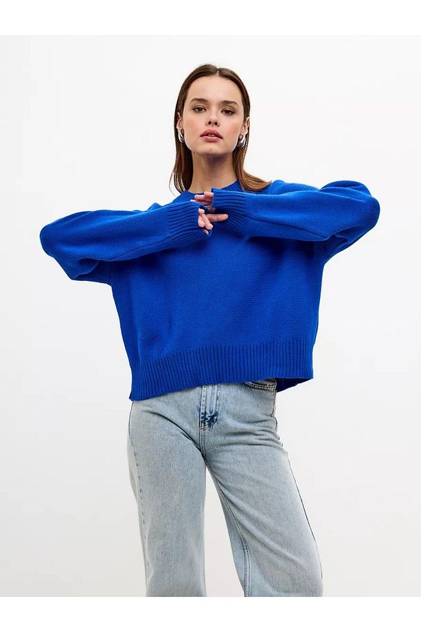 Saks Mavi Bisiklet Yaka Oversize Triko Kazak - 3