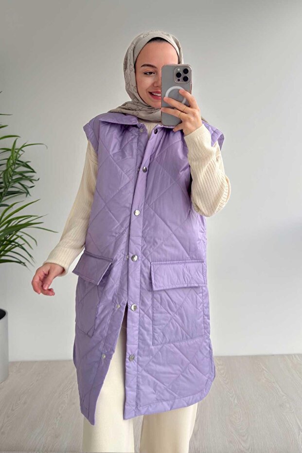 Pocket Detail Quilted Hijab Vest - Lilac