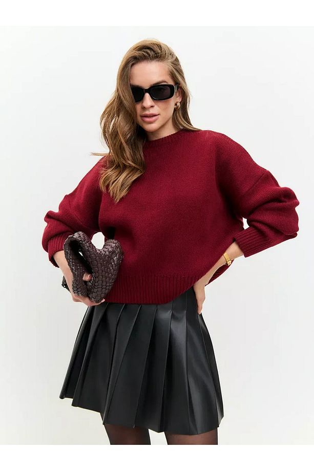 Bordo Bisiklet Yaka Oversize Triko Kazak - 6
