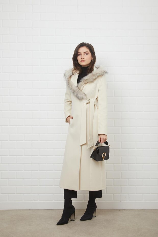 Side-Tied, Snap-Button Closure, Hooded Fur Coat Ecru 3697 - 3