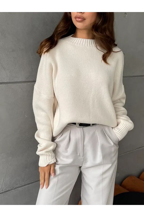 Ekru Bisiklet Yaka Oversize Triko Kazak - 4